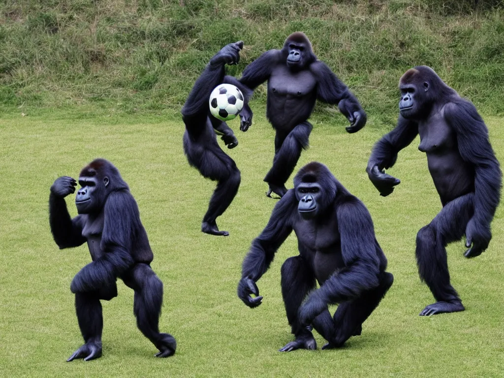 Image similar to gorilla playin soccer, vivid