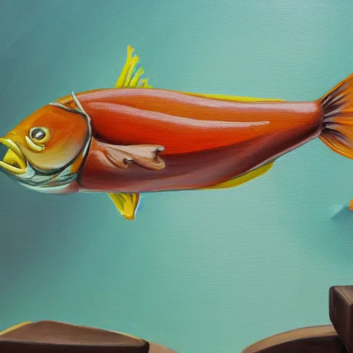 Image similar to a detailed oil painting of a fish above a chocolate bar