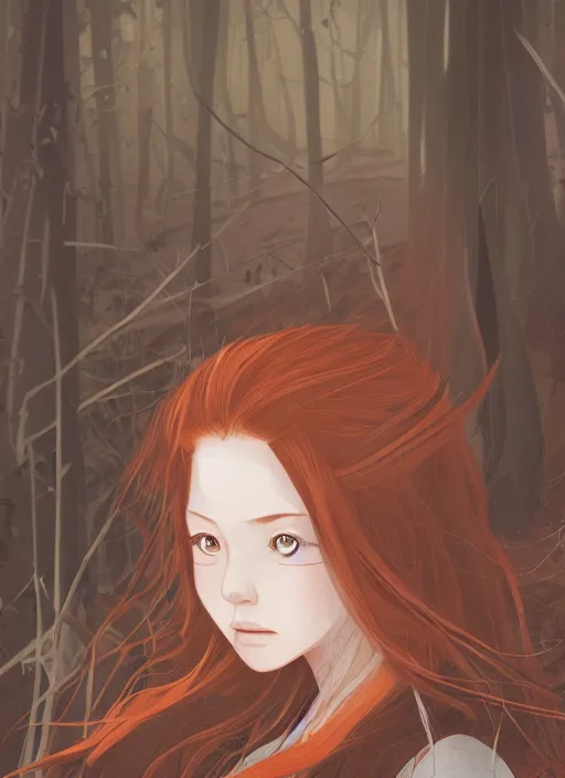 Image similar to illustration by tatsuki fujimoto, girl with fox ears, long wavy orange hair, light brown trenchcoat, forest background, focus on face, pretty, moody lighting, painterly