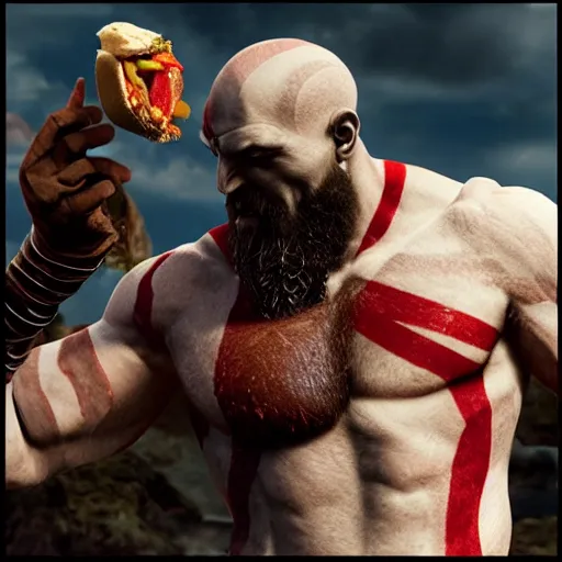 Image similar to kratos from god of war eating a cheeseburger