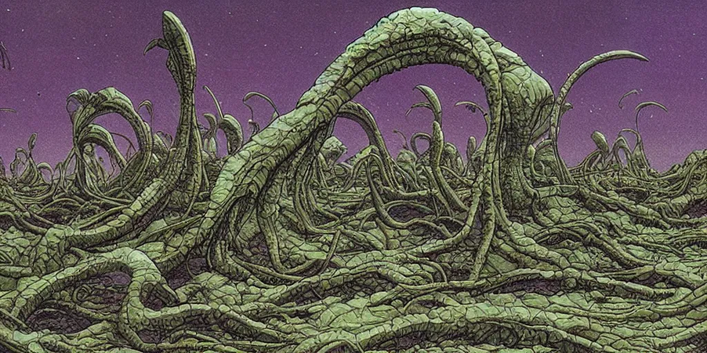 Image similar to alien landscape where strange plants have begun to grow, Moebius