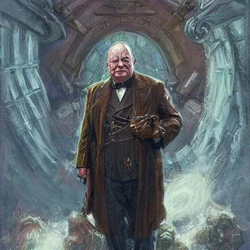 Prompt: Winston Churchill as a fantasy D&D merchant, portrait art by Donato Giancola and James Gurney, digital art, trending on artstation