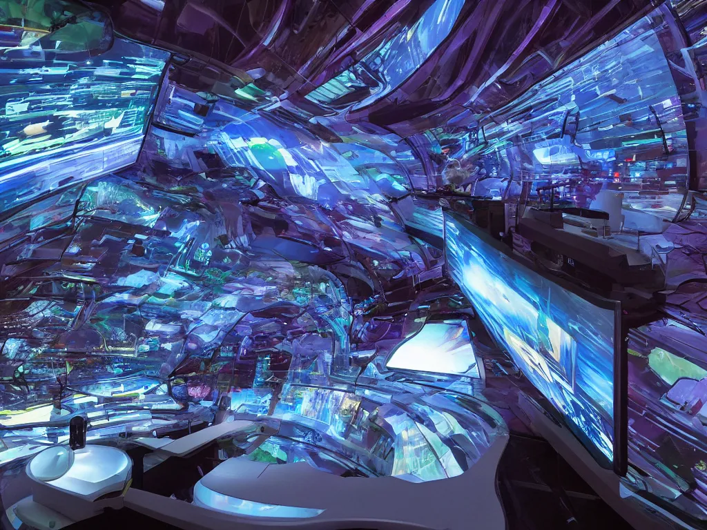 Image similar to visor with curved translucent screens projecting detailed sci - fi art ( 2 0 4 2 ), pixel perfect photograph, high contrast, volumetric lighting, thin glowing lights, chair, users, pair of keys