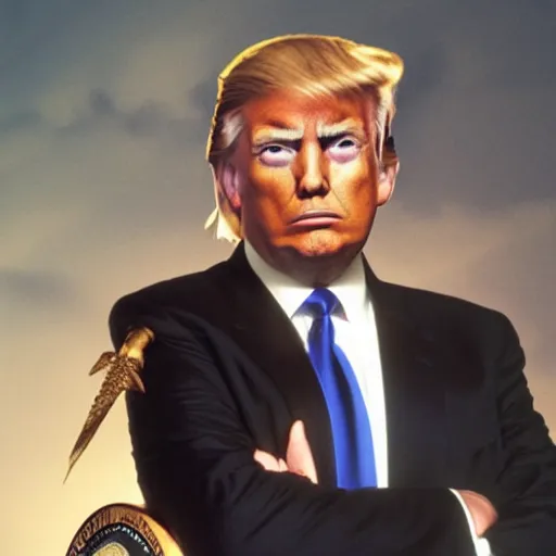 Image similar to photo of donald trump, kodak portra 4 0 0, donald trump wearing a suit of knight ’ s armor, two arms, two legs, symmetrical face, donald trump ’ s face, donald trump, donald trump holding a mythical sword