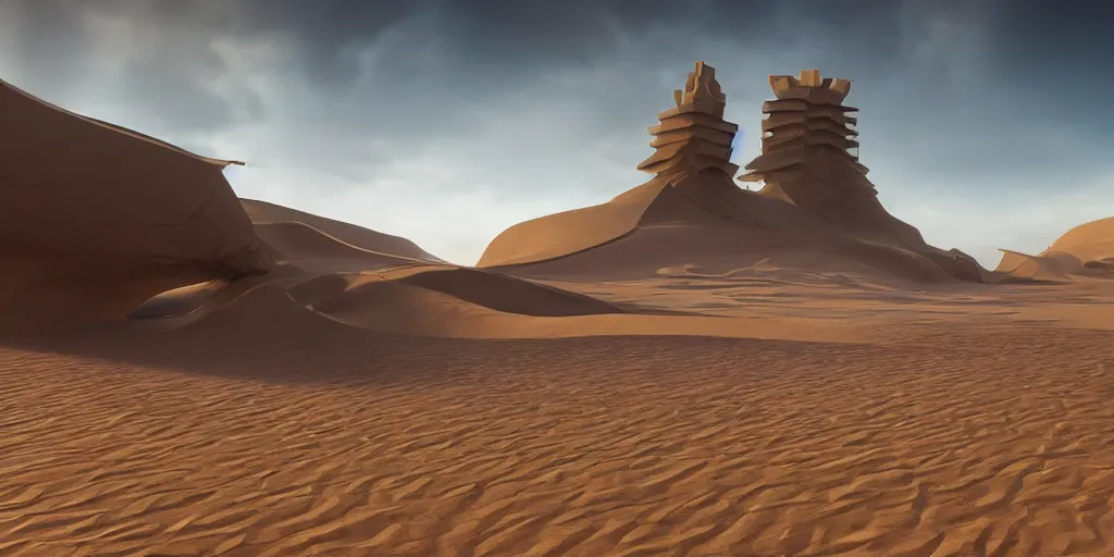 Image similar to a Dune ancient futuristic city, landscape, Dune movie, brutalism architecture, photo-realistic, photography, detailed, unreal engine, epic composition, shiny sand