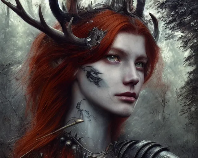 Image similar to 5 5 mm portrait photo of an armored gorgeous aesthetic redhead woman warrior with a face tattoo and antlers growing from her head and cat on her shoulder, in a magical forest in the style of luis royo. art by greg rutkowski. highly detailed 8 k. intricate. lifelike. soft light. nikon d 8 5 0.