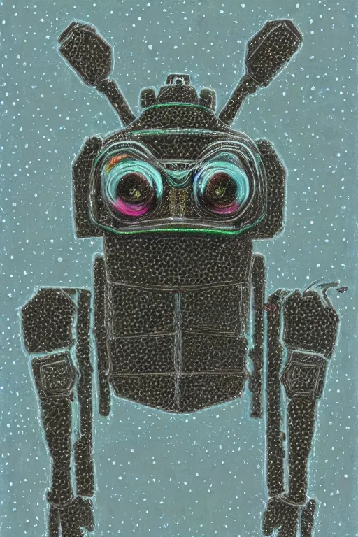 Prompt: a portrait of a robot!! insect creature made from snow! and soil and light, high detail, fluo details, muted colors, pointillism, harsh light