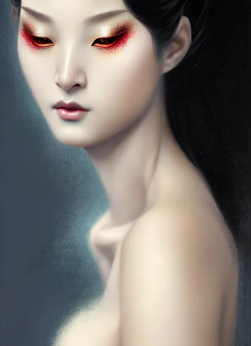 Image similar to organic seductive Geisha, pearlescent skin, diffuse lighting, fantasy, intricate, elegant, highly detailed, lifelike, photorealistic, digital painting, artstation, illustration, concept art, different full body view, smooth, sharp focus, art by John Collier and Albert Aublet and Leonardo da vinci and Krenz Cushart and Artem Demura and Alphonse Mucha
