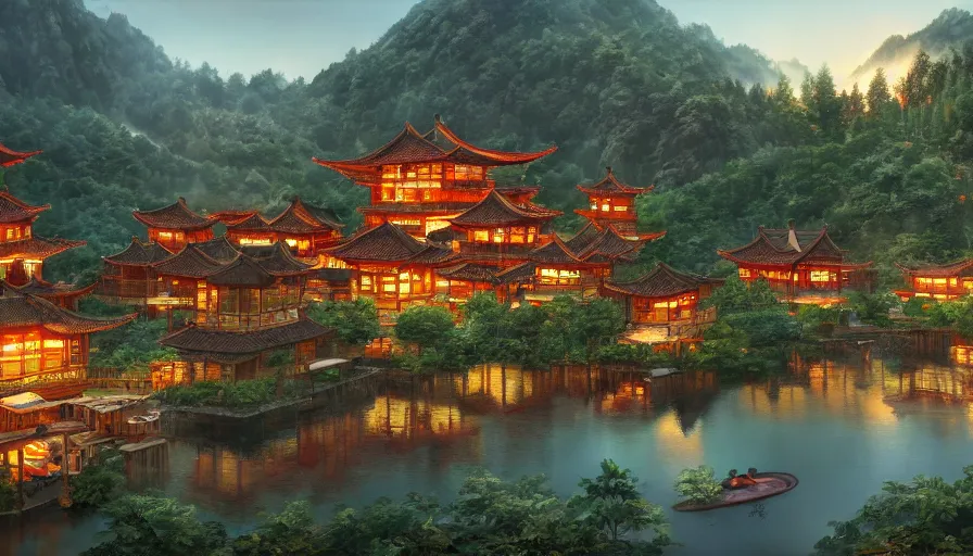 Image similar to chinese village built around a lake with forest at the foot of green gigntic mountains at sunset, fireplace, hyperdetailed, artstation, cgsociety, 8 k