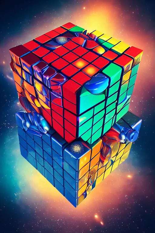 Image similar to four dimensional parallel universe infinite cosmic rubik's cube hypercube tesseract with wormholes, energy and galaxies around it. epic, dramatic, cinematic, digital art, octane render, blender, 8 k, hyperrealistic, trending on artstation