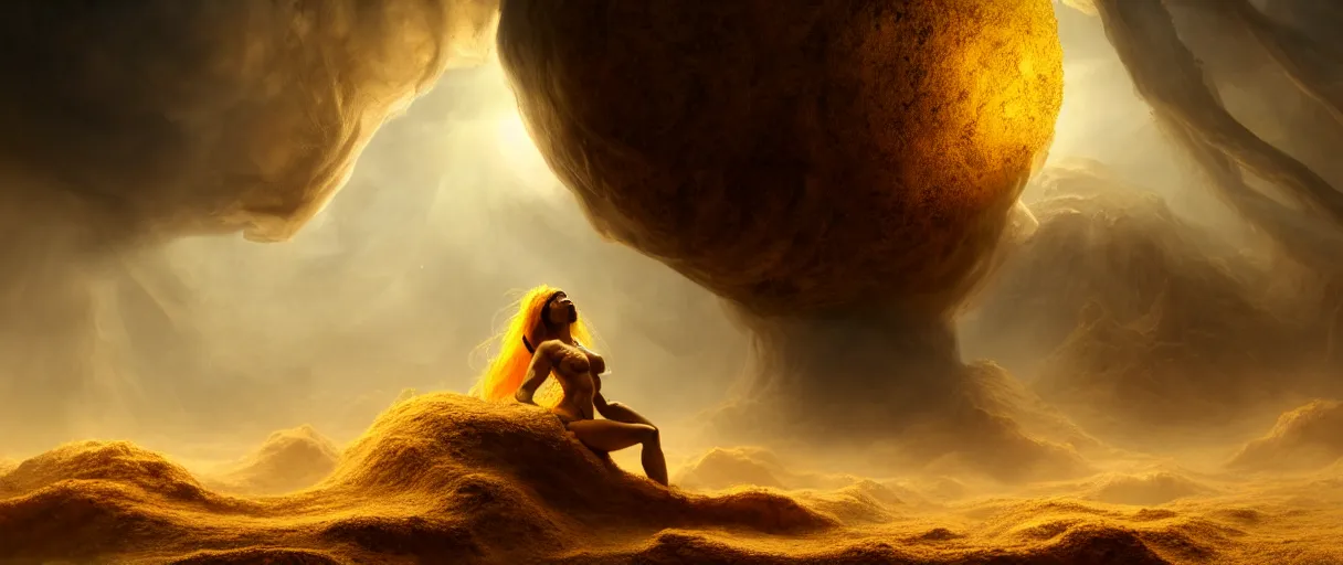 Image similar to hyperrealist highly detailed neo-baroque goddess crushing earth into dust concept art pascal blanche key sage dramatic yellow lighting 8k wide angle shallow depth of field