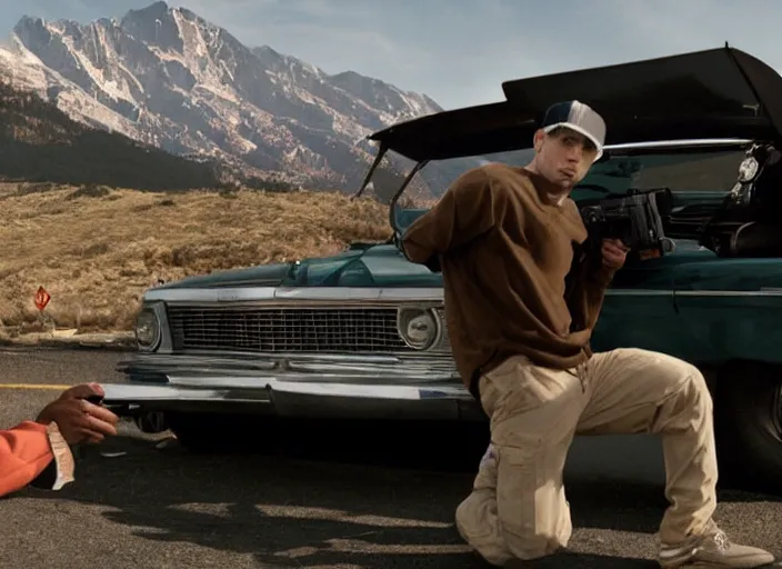 Image similar to a very high resolution image from a new movie, eminem shooting a car. mountains, directed by wes anderson