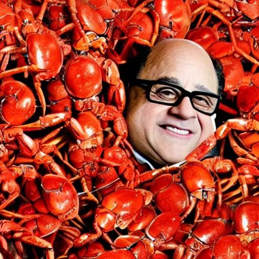 Prompt: Detailed realistic Danny Devito standing fighting an army of small red crabs
