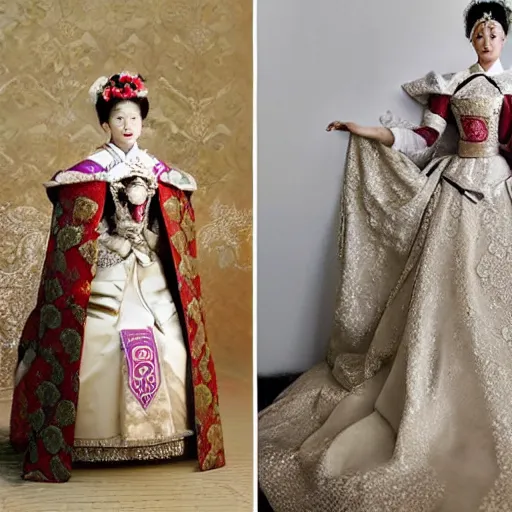 Prompt: A royal bridal ensemble is shown in a museum in a 1900s historical fantasy photograph that combines Russian and Japanese influences.