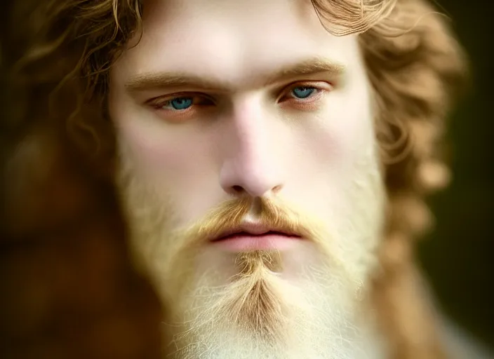 Image similar to portrait photography of a beautiful man how pre-Raphaelites beauty type in style of Nicolas False, britt marling style 3/4 , he has a short beard, golden blond hair, beautiful ethereal lace white robes, 8K, soft light, volumetric lighting, highly detailed Realistic, Refined, Highly Detailed, natural outdoor soft pastel lighting colors scheme, outdoor fine art photography