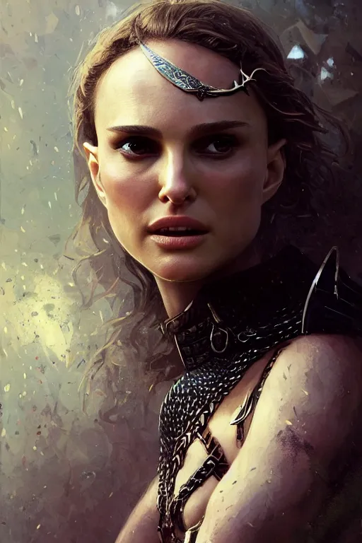 Image similar to natalie portman, legendary warrior, heroic, lord of the rings, tattoos, decorative ornaments, battle armor, by carl spitzweg, ismail inceoglu, vdragan bibin, hans thoma, greg rutkowski, alexandros pyromallis, perfect face, fine details, realistic shading photorealism