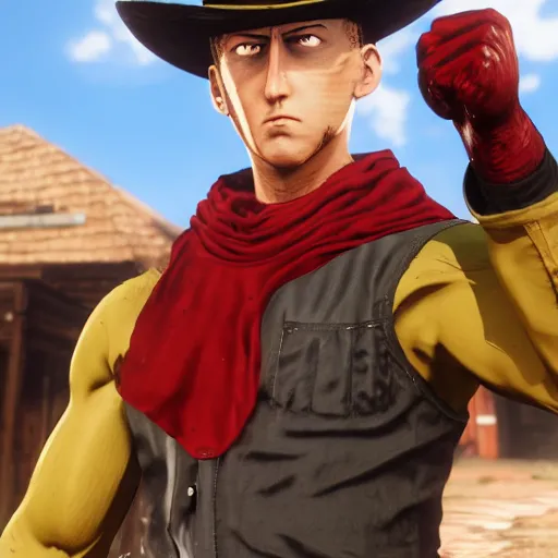 Prompt: one punch man in the red dead redemption 2 character art style, digital art, trending on artstation, deviantart, rtx, ray tracing x, unreal engine 5, behance, intricate details, ornate, cinematic view, smooth, cinematic