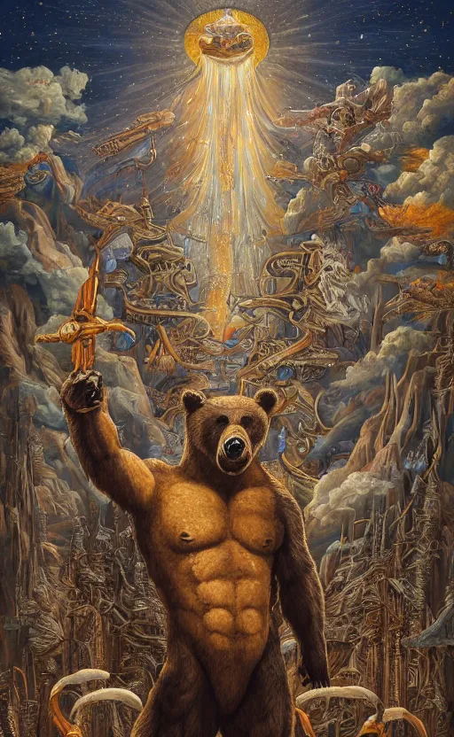 Image similar to mural of a bear beast-man, sci fi weapon, royal ornaments, reaching towards the heavens, sci fi world, holy imagery, highly detailed, beautiful colors, renaissance mural, mural in the style of sandro boticceli, sandro boticceli