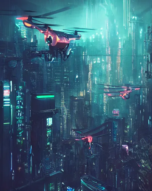 Image similar to cyberpunk drone above a city, scifi, futuristic, neon light, highly detailed, concept art, sharp focus, trending on artstation, intricate, atmosphere, raining, art by roman makarenko, dzung phung dinh