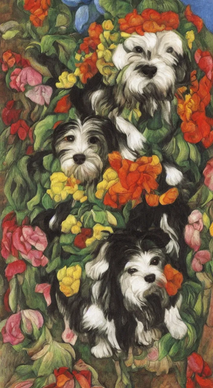 Image similar to one havanese dog, carrying flowers, mexico, painting # by diego rivera 1 9 3 5