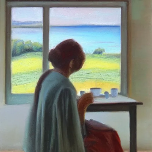 Prompt: oil painting, pastel colours, a woman sitting by the table watching the landscape through the window