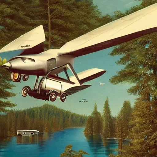 Image similar to a [ 5 0 s bus infused with airplane wings ] flies above a forest and lake, [ oil painting ]!!, trending on cgsociety, 4 k