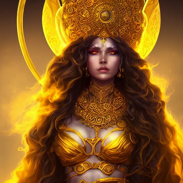 Image similar to beautiful elemental sun witch with ornate yellow robes and staff, highly detailed, 4 k, hdr, smooth, sharp focus, high resolution, award - winning photo, artgerm, photorealistic