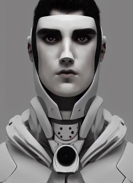 Image similar to portrait of a futuristic blanco ceramic Spanish prince humanoid robot macho guapo with a handsome face and muscular body, trending on cgsociety