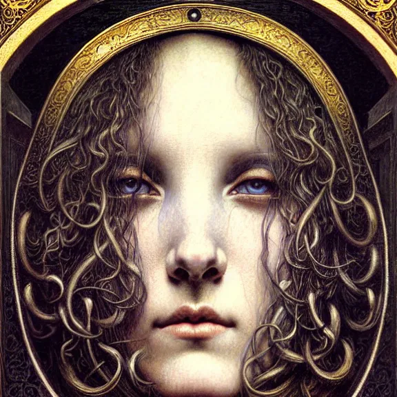 Image similar to detailed realistic beautiful young medieval queen face portrait by jean delville, gustave dore and marco mazzoni, art nouveau, symbolist, visionary, gothic, pre - raphaelite. horizontal symmetry