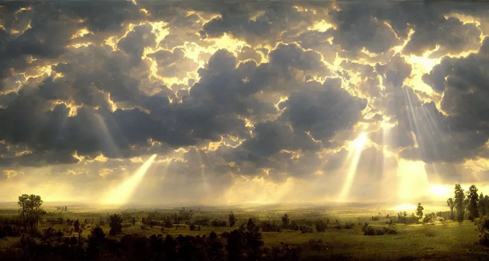 Image similar to heaven with angels floating on clouds god rays, by eugene von guerard, ivan shishkin, trending on artstation, 8 k