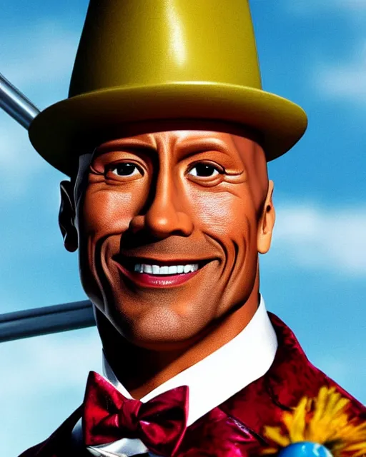 Image similar to Film still close-up shot of Dwayne Johnson as Willy Wonka from the movie Willy Wonka & The Chocolate Factory. Photographic, photography