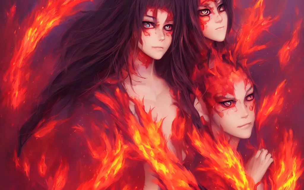 Image similar to A realistic anime portrait of a beautiful fire spirit twins with glowing red eyes and firey skin wearing clothes made of flames, digital painting, by Stanley Artgerm Lau, Sakimichan, WLOP and Rossdraws, digtial painting, trending on ArtStation, SFW version