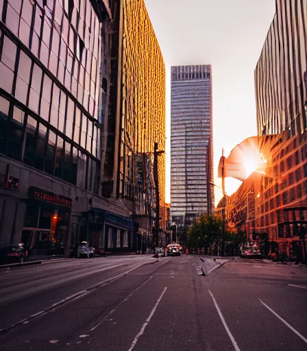 Prompt: award - winning photography, photograph of sunset, golden hour, shot down a street in downtown manhattan, perspective, leading lines, composition, phaseone, captureone, color graded