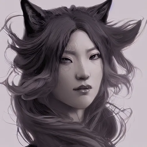 Image similar to japanese wolf goddess, d & d, black and white color palette, highly detailed, digital painting, artstation, concept art, sharp focus, illustration, cinematic lighting, art by artgerm and greg rutkowski and alphonse mucha