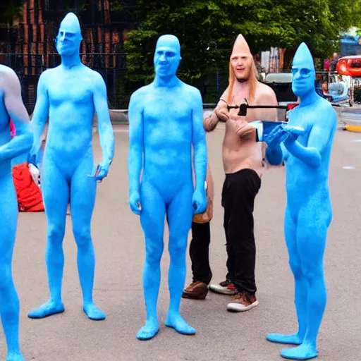 Image similar to surrealist conehead blue man group street performers photography