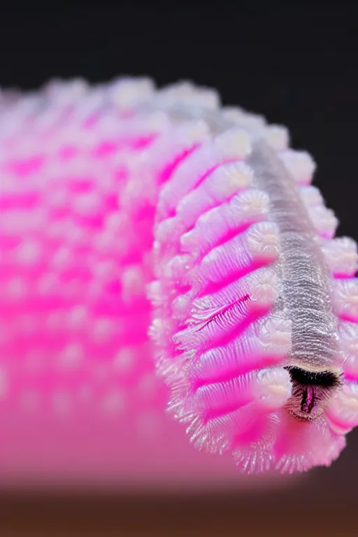 Image similar to high quality macro close-up translucent fluffy caterpillar! gorgeous highly detailed hannah yata elson peter cinematic pink lighting high quality low angle hd 8k sharp shallow depth of field