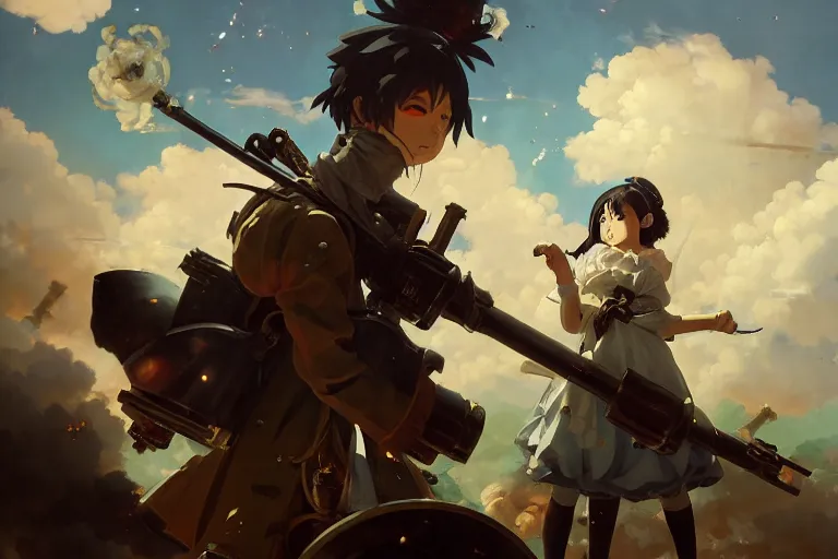 Prompt: baroque oil painting of anime key visual concept art of anime maids using artillery firing at enemy lines, smoke debris, grimdark steampunk fantasy, pleasant battlefield, trending on artstation, brush strokes, oil on canvas, style of makoto shinkai and greg rutkowski and studio ghibli