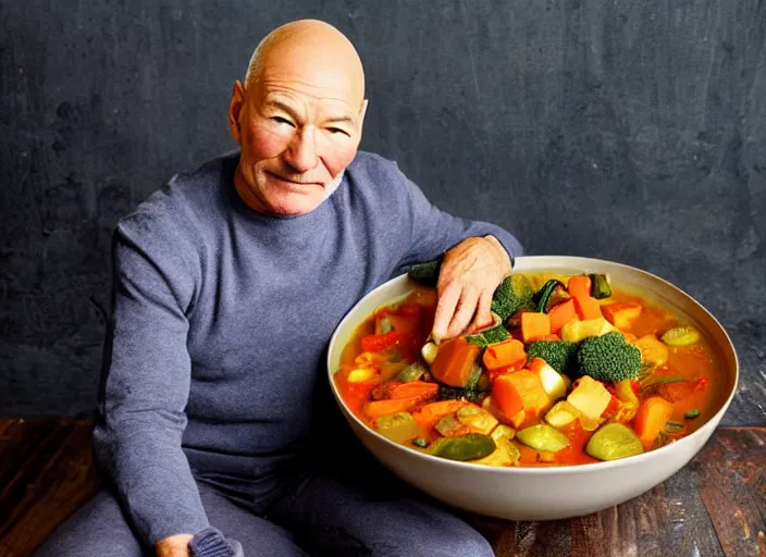 Image similar to patrick stewart sitting in a big bowl of vegetable stew