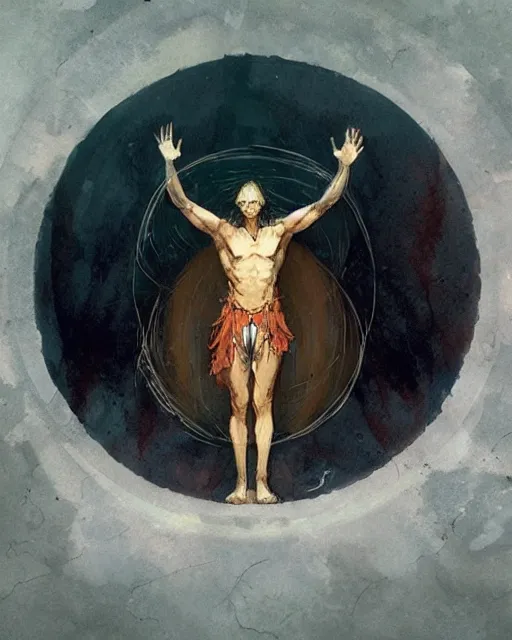 Image similar to a druid standing in a circle at the beginning of the world by greg rutkowski and frank frazetta and peter mohrbacher and william blake