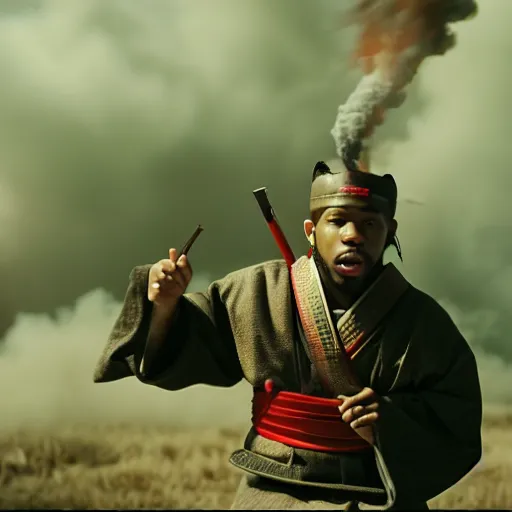 Prompt: cinematic film still of Tory Lanez starring as a Samurai holding fire, Japanese CGI, VFX, 2003, 400mm lens, f1.8, shallow depth of field,film photography