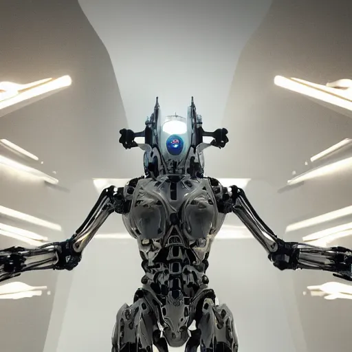 Image similar to white biomechanical mecha, symmetrical, rays of light. Style of westworld, cables, lights, searchlight, weta digital, octane render, insane details, ultra realistic, beatifully lit, reflections