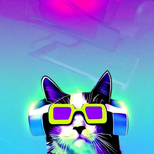 Image similar to vaporwave color scheme, cat wearing a vr headset, vaporwave poster illustration, artstation trending, pinterest