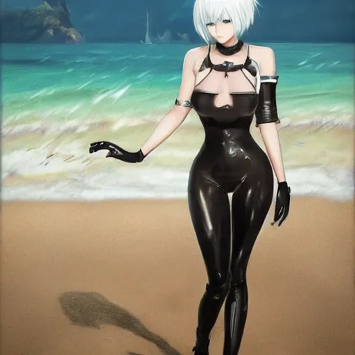 Image similar to pencil drawing of 2 b nier automata wearing a latex suit in a beach, beautiful piercing eyes, hyper realistic face, in the style of greg rutkowski, fantasy, amazing detail, epic, elegant, smooth