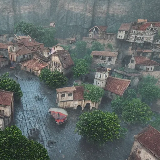 Image similar to the center of a poor medieval town under heavy rain at late dawn, in a valley, surrounded by mountains, highly detailed, octane, ultra detailed cinematic, 8 k, widescreen, 1 6 : 9, hd