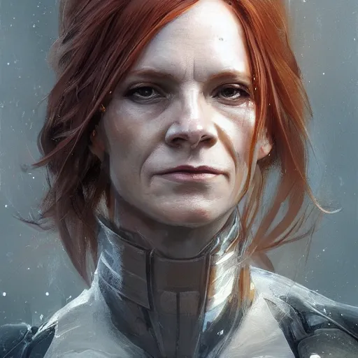 Image similar to Portrait of a woman by Greg Rutkowski, she is about 50 years old, redhead, long straight hair, beautiful oval face, wearing a futuristic tactical gear, older sister vibes, sad and resigned expression, highly detailed portrait, digital painting, artstation, concept art, smooth, sharp foccus ilustration, Artstation HQ.