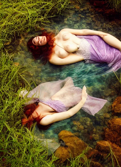 Image similar to lady laying under the river bed amongst the weeds, underwater shot, submerged, medium shot, on the bed of the river preraphaelite colour photography, 8 k