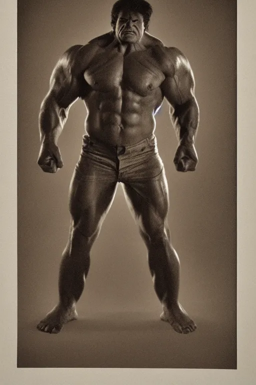 Prompt: the incredible hulk, portrait, full body, symmetrical features, silver iodide, 1 8 8 0 photograph, sepia tone, aged paper, master prime lenses, cinematic