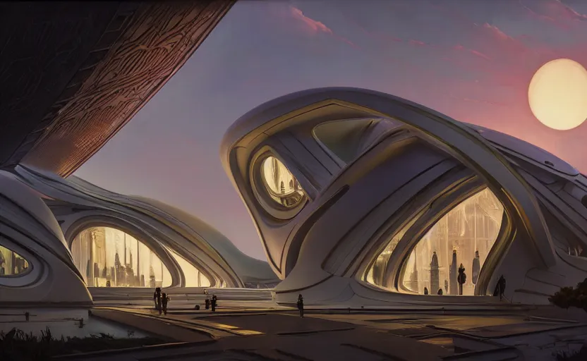 Prompt: exterior shot of utopian architecture laboratory with cinematic lighting by zaha hadid and renzo piano, darek zabrocki and greg ruthkowski, alphonse mucha, simon stalenhag, cinematic, symmetry, scifi, futurism, atmospheric, sunset, concept art, artstation, trending on artstation