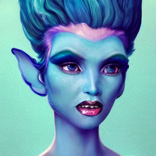 Image similar to Elf with blue skin, alien skin, blue elf, blue, blue-skinned elf, green hair, glam hair, hairspray, big hair, wild hair, 80s hair, glam make-up, 80s, illustration, fantasy art, trending on ArtStation, 1980s fantasy art