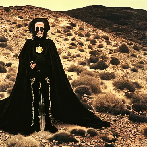 Image similar to salvador dali wearing a black costume with jewels and golden crown, in a dry rocky desert landscape, visible sky and sunny atmosphere, fata morgana film still from the movie by alejandro jodorowsky with cinematogrophy of christopher doyle and art direction by hans giger, anamorphic lens, kodakchrome, very detailed photo, 8 k